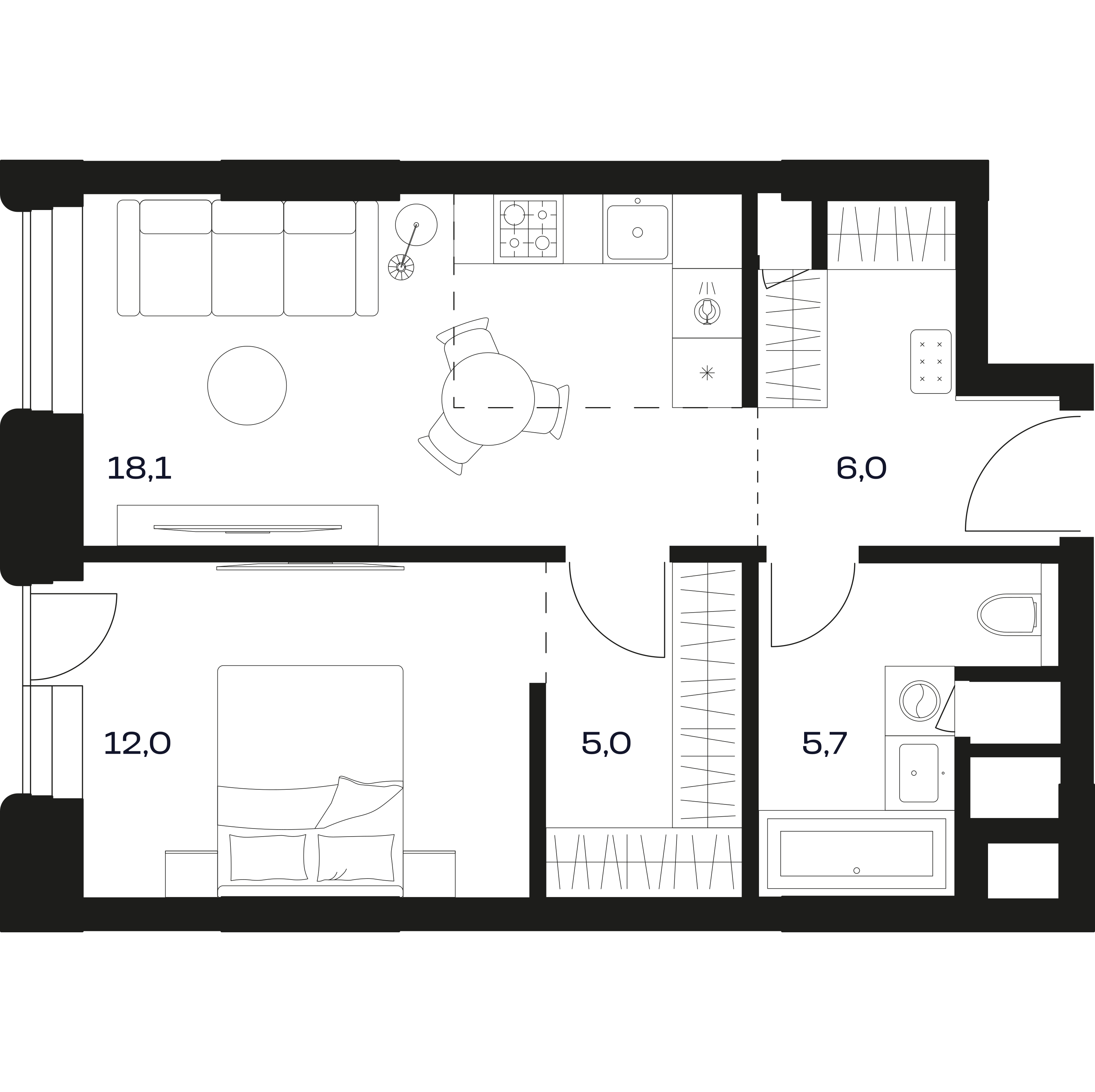 Планировка квартиры 1К 49.4 м²