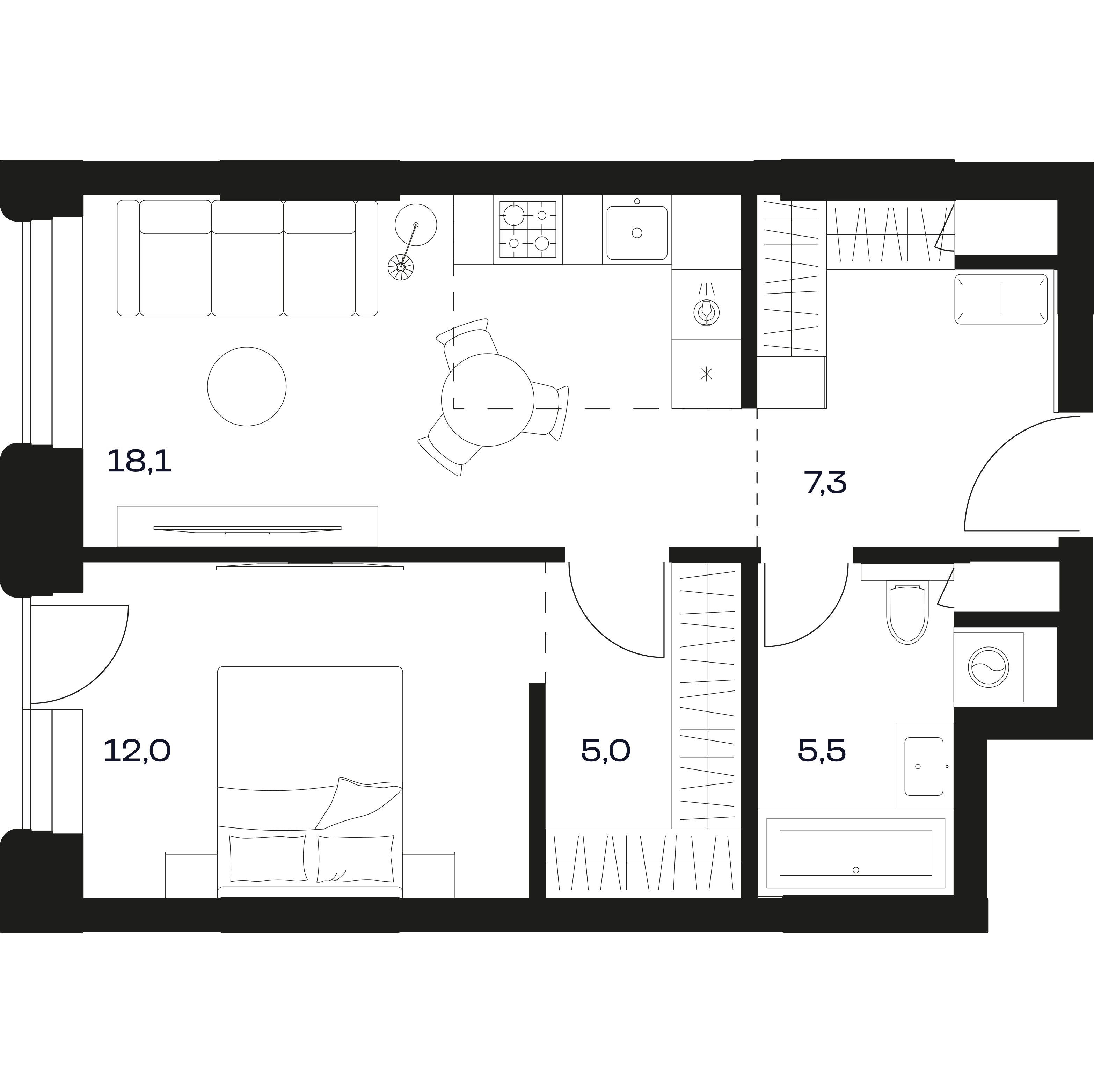 Планировка квартиры 1К 50.6 м²